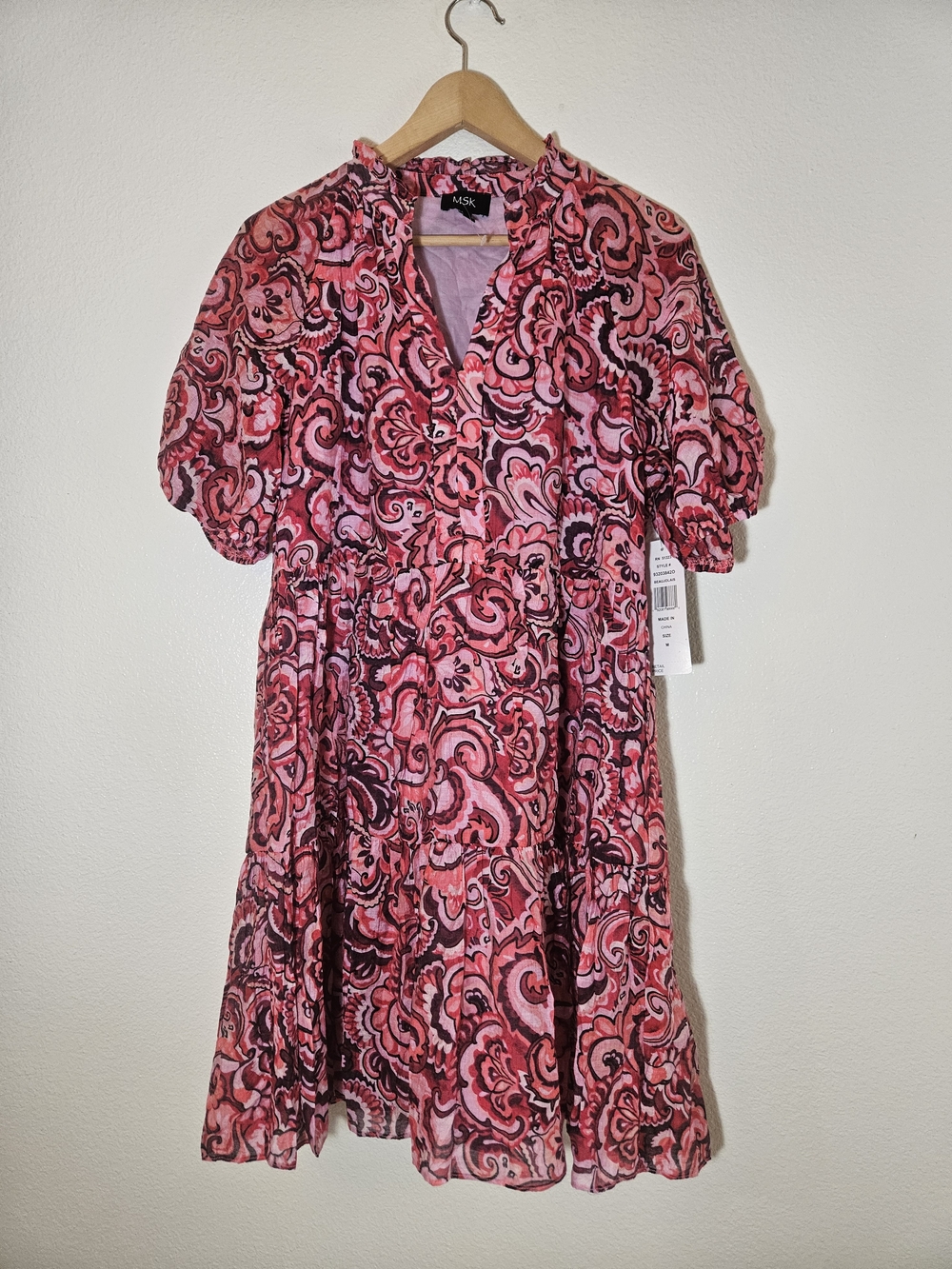 MSK Pink Multi Paisley Floral Puff Sleecellve Ruffle Hem Midi Dress
